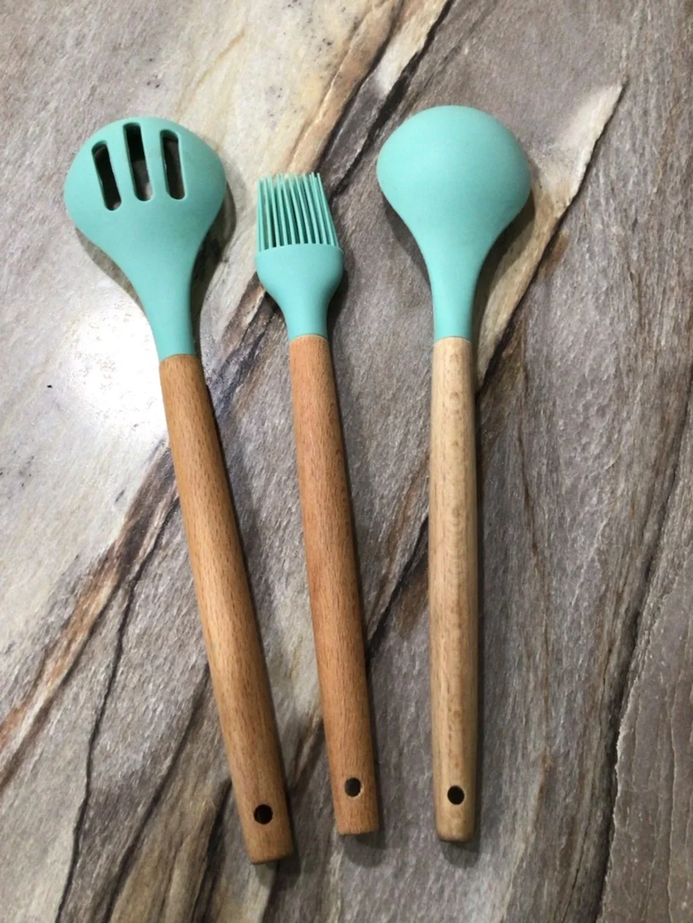 MIBOTE 3pc Silicone Kitchen Utensil Set Teal Wood Handle Spoon Brush BPA Free.